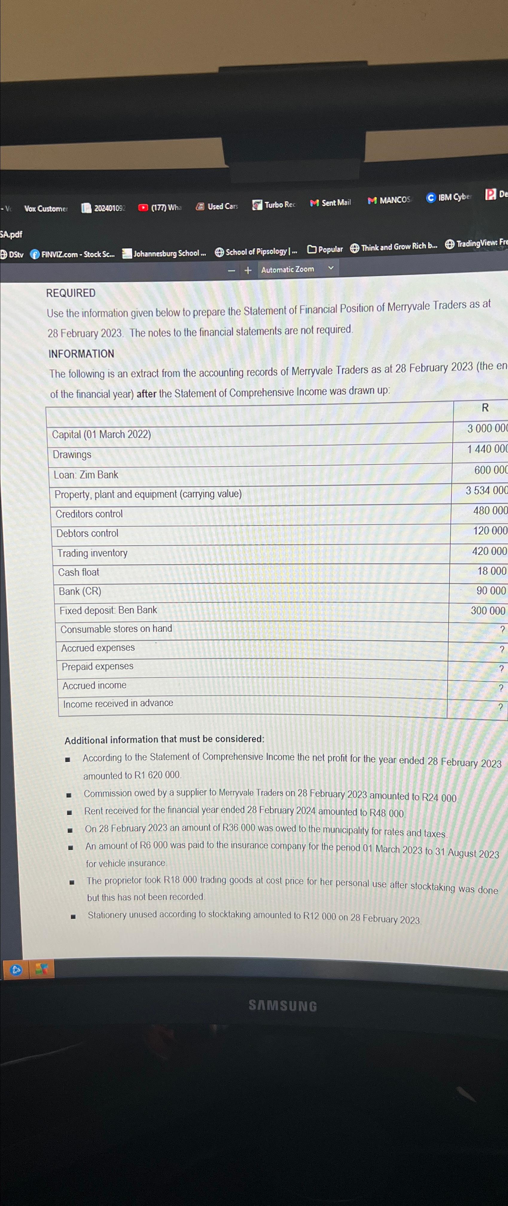  REQUIRED Use the information given below to prepare the Statement of