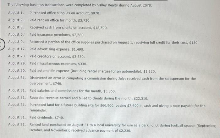 the ledger as of August 31, 20Y8. ... Valley Realty Unadjusted Trial
