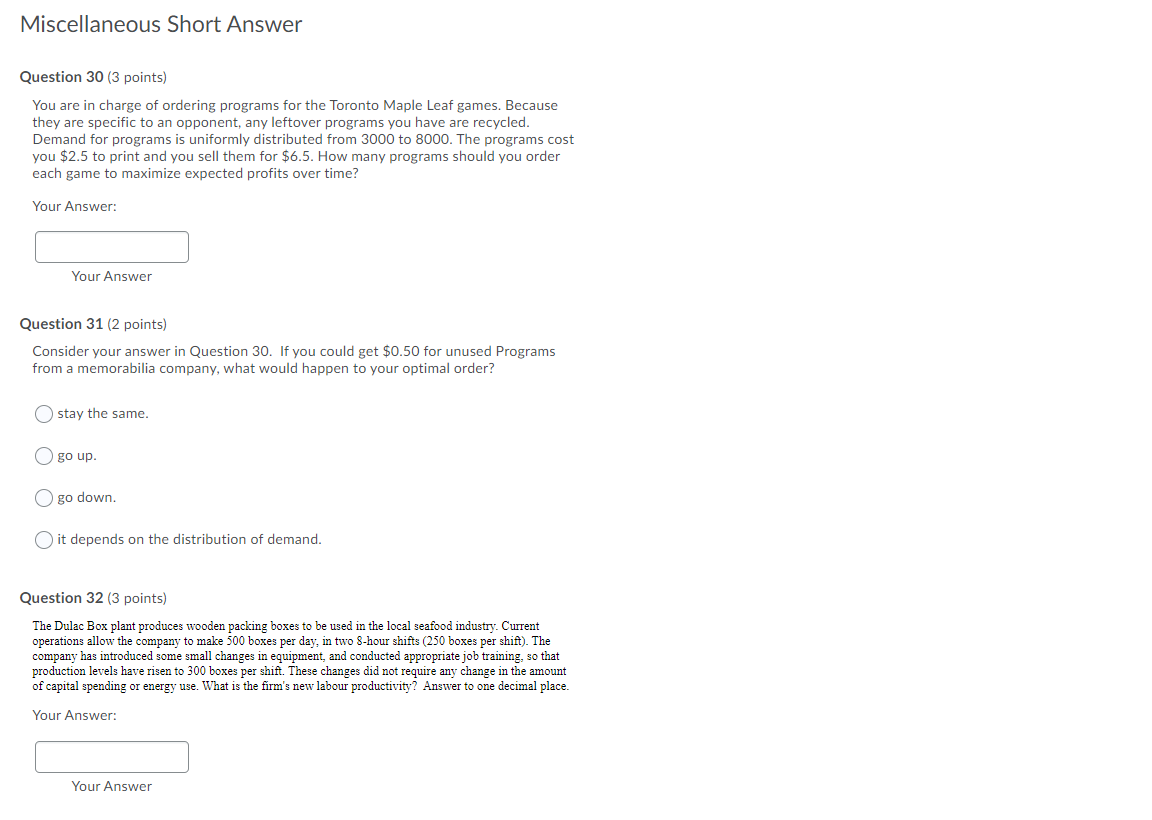 Short Answer Questions Regarding Operations Management Miscellaneous Short Answer Question 30 (3
