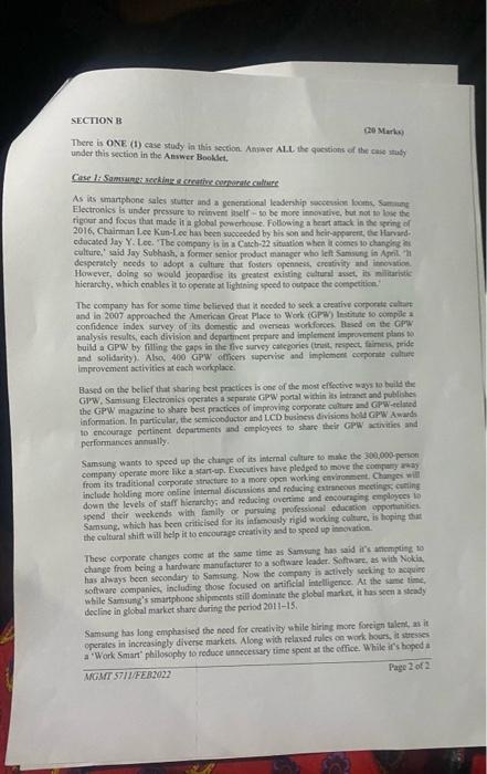 urgent please SECTION c Mark There is ONE (1) case study in