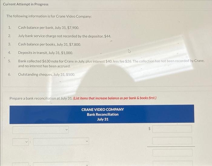 please help Current Attempt in Progress The following information is for Crane