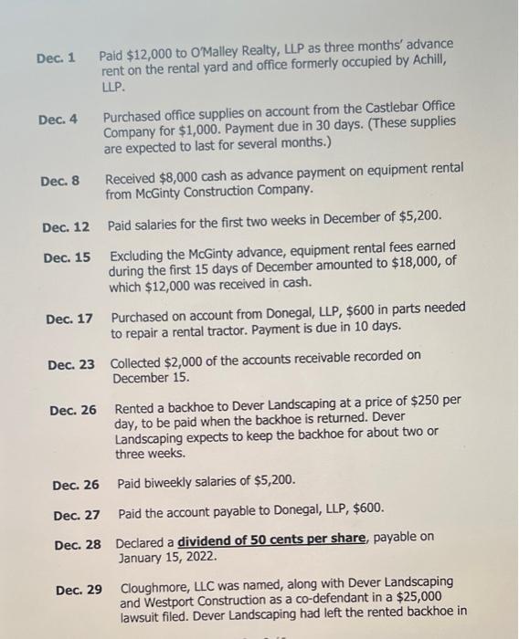 advance! A COMPREHENSIVE ACCOUNTING CYCLE PROBLEM On December 1, 2021, Thomas and