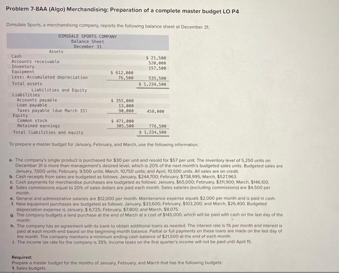  Can I get the correct answer Problem 7-8AA (Algo) Merchandising: Preparation