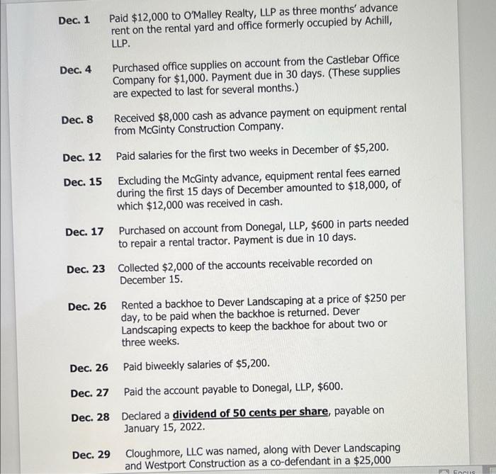 ACCOUNTING CYCLE PROBLEM On December 1, 2021, Thomas and Julia Corrigan formed