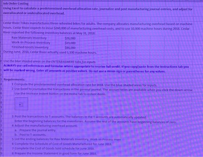 Job Order Costing Using Excel to calculate a predetermined overhead allocation rate,