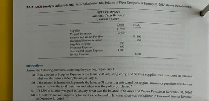  please answer questions with "T" accounts enteries E3-7 (Loa) (Analyze Adjusted