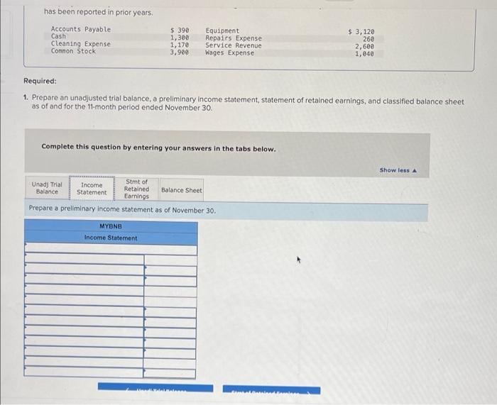 MyBnB started a home rental company on January 1. As of November