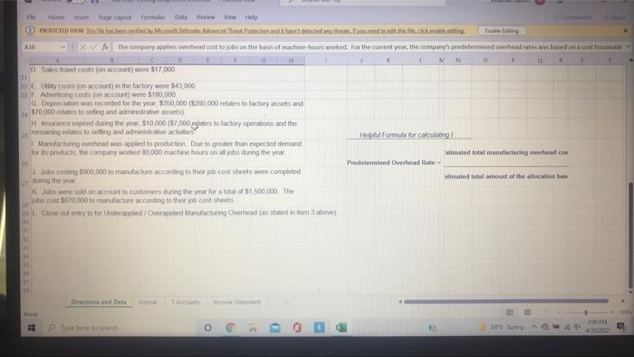 D G Directions Using the following information and templates in each workbook,