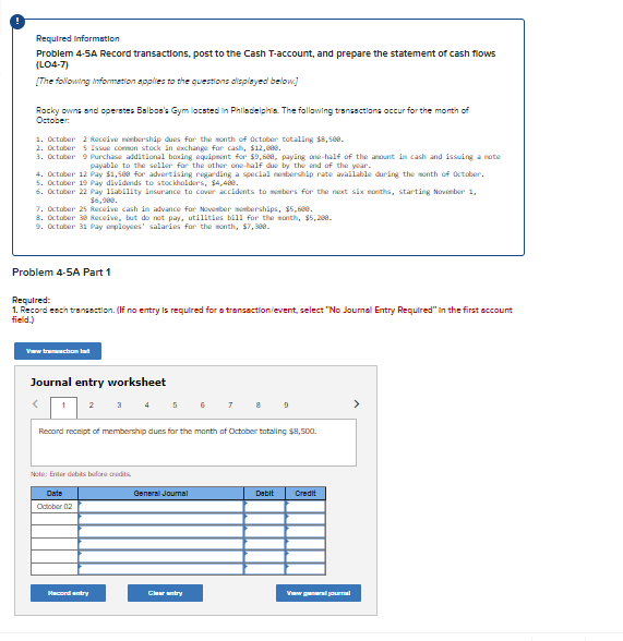 Complete journal1-9 Required Information Problem 4-5A Record transactions, post to the Cash