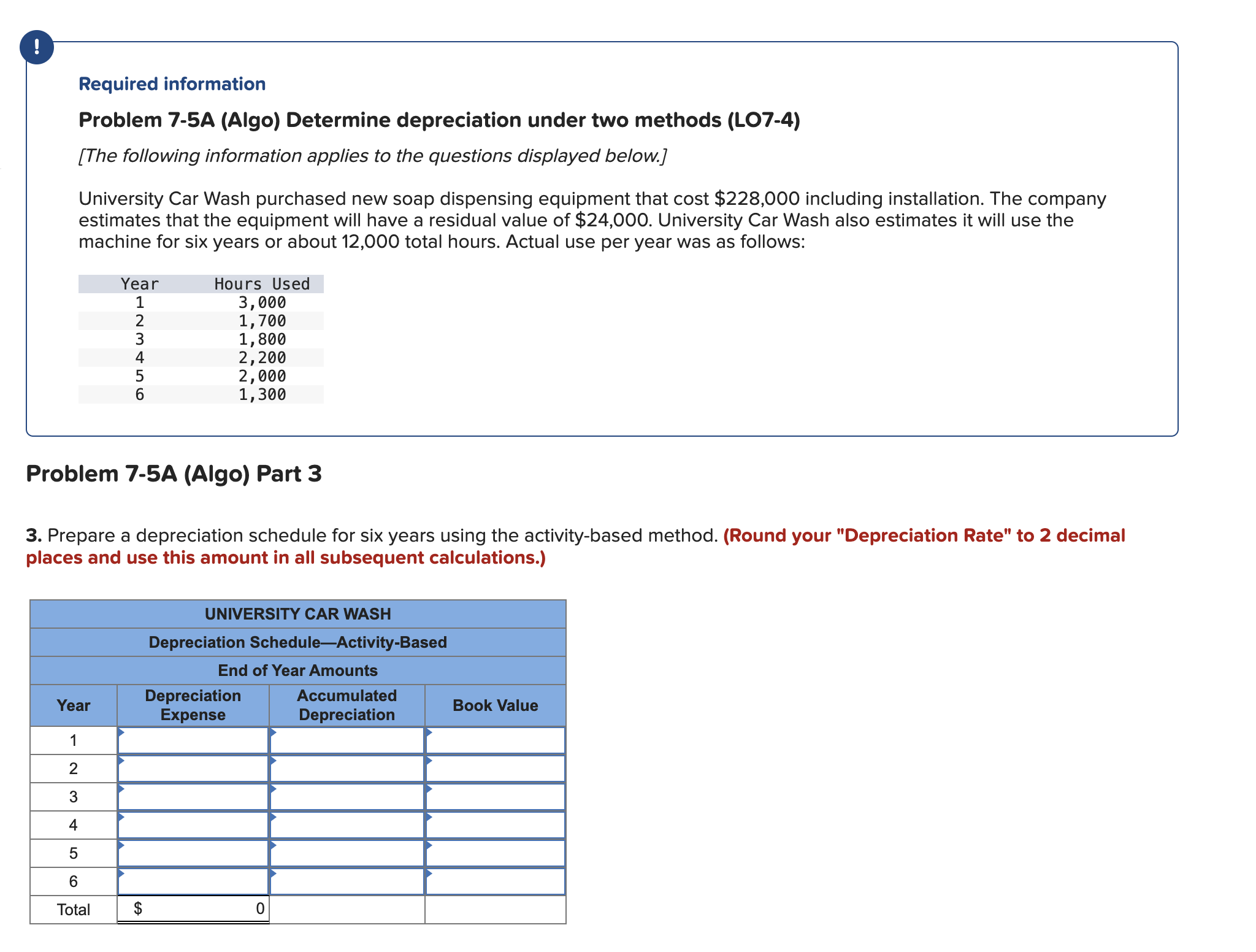  Required information Problem 7-5A (Algo) Determine depreciation under two methods (LO7-4)