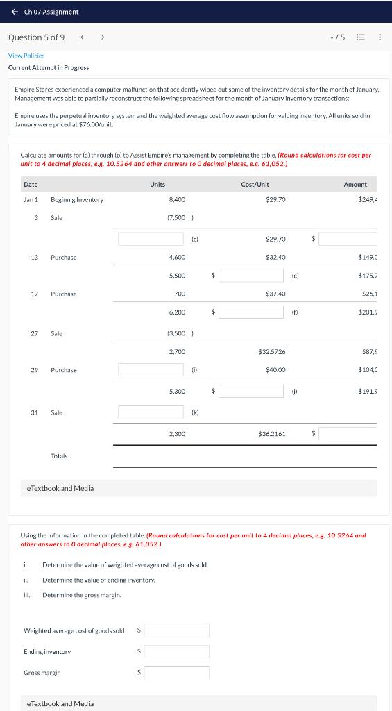 advance Ch 07 Assignment Question 1 of 9 -/5 View Policies Current