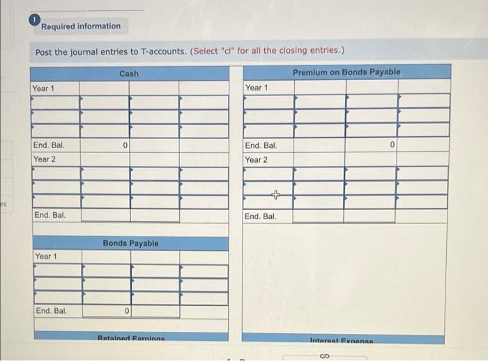 for Year 1 and Year 2. Post the journal entries to T-accounts.