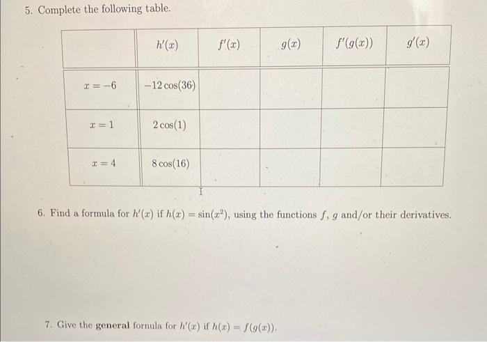  5. Complete the following table. 6. Find a formula for h(x)