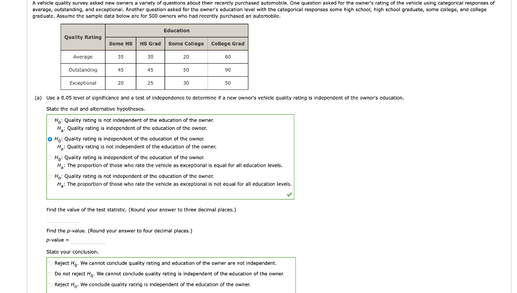  graduate. Assume the sample data below are for 500 owners who