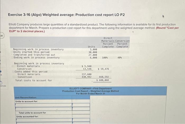 please help Exercise 3-16 (Algo) Weighted average: Production cost report LO P2