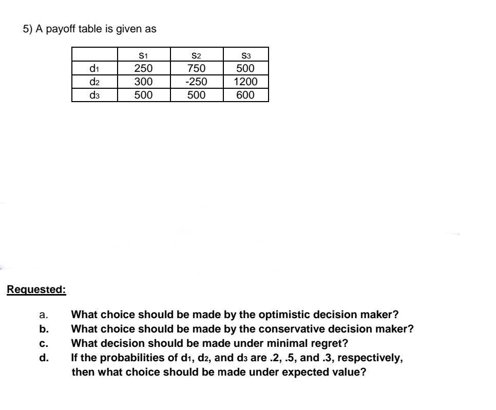 Good day, Question 5 5) A payoff table is given as 250