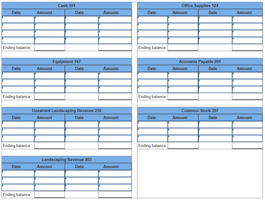 (319); Landscaping Revenue (403); Wages Expense (601); and Landscaping Expense (696). On