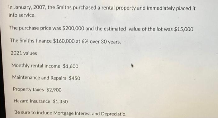Complete a schedule E form In January, 2007, the Smiths purchased a