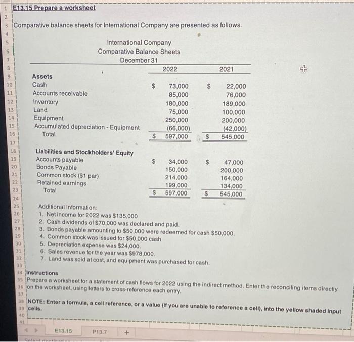need help with this exercise. 1 E13.15 Prepare a worksheet 2 3