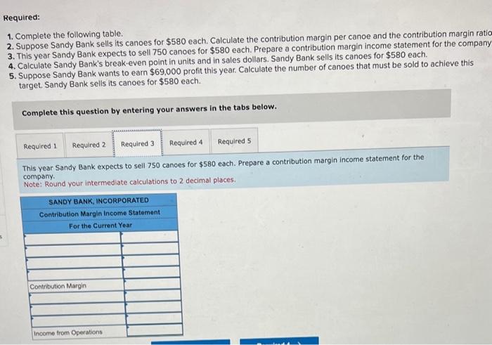 table. 2. Suppose Sandy Bank sells its canoes for $580 each. Calculate