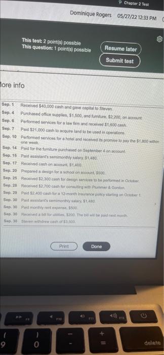 step by step help please P Chapter 2 Test Dominique Rogers 05/27/22