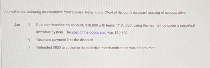 merchandise transactions Refer to the Chart of Accounts for exact wording of