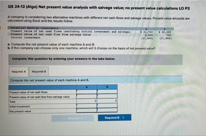 Question 12 OS 24-12 (Algo) Net present value analysis with salvage value;