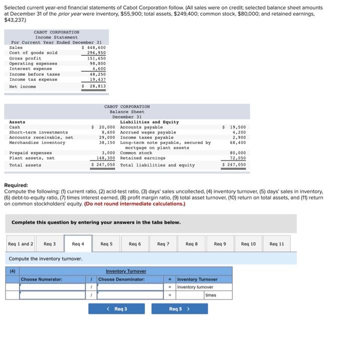 on credit, selected balance sheet amounts at December 31 of the prior