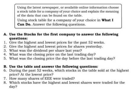 Please help me Using the latest newspaper, or available online information choose