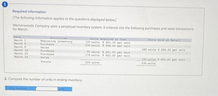 the questions displayed below.) Warnerwoods Company uses a perpetual inventory system. It