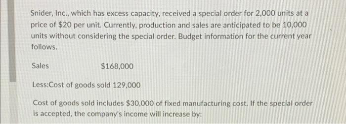 please help Snider, Inc., which has excess capacity, received a special order