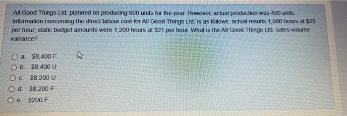 plz answer plzz ASAP!!!! All Good Things Ltd. planned on producing 600