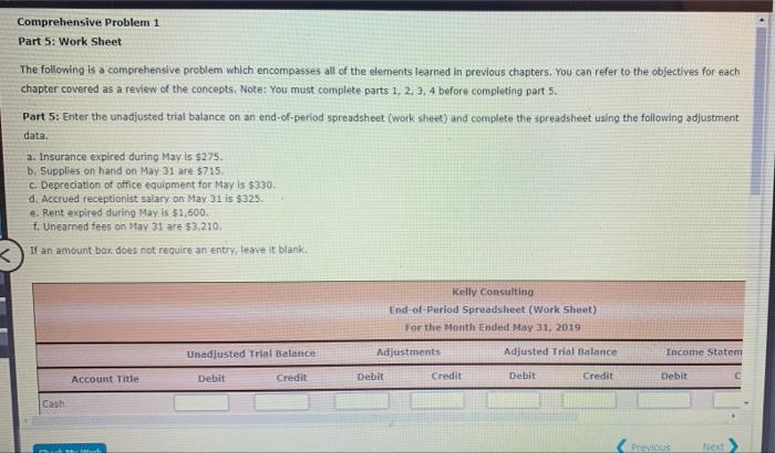 Accoutning Cycle Project Q7: Comprehensive Problem 1 Part 5: Work Sheet The