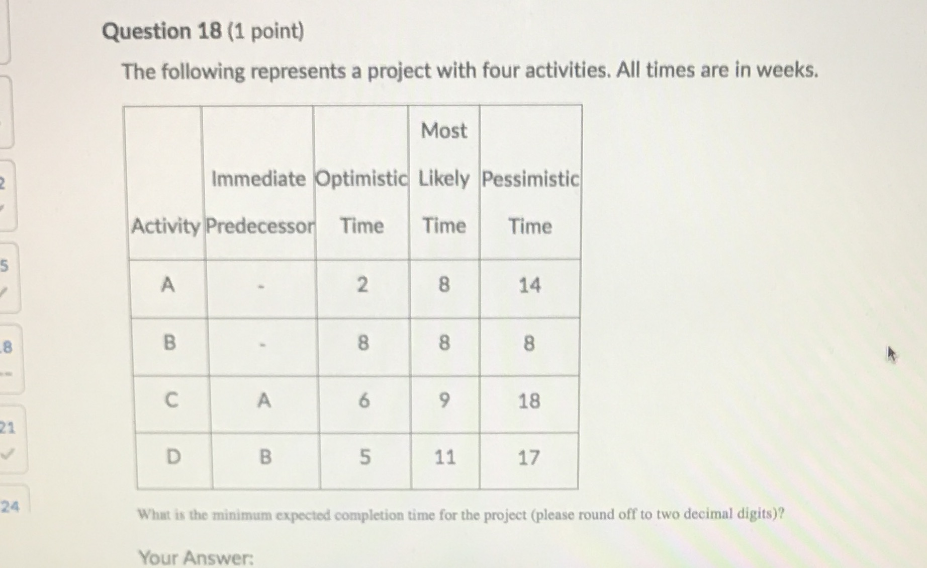  Question 18 (1 point) The following represents a project with four