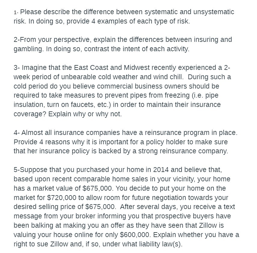 1 Please describe the difference between systematic and unsystematic risk. In