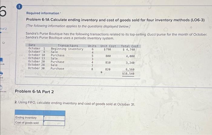 solve please O 6 1 of 2 Required information Problem 6-1A Calculate