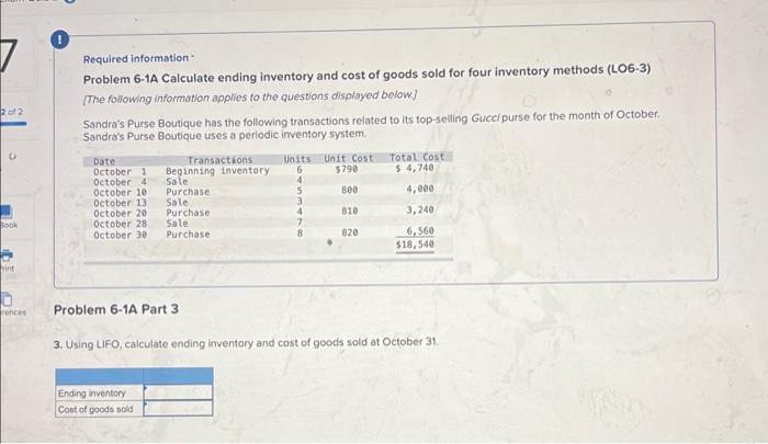 ending inventory and cost of goods sold for four inventory methods (L06-3)