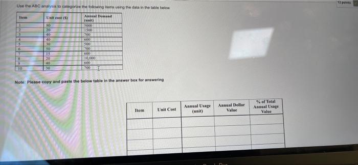 help 12 points Use the ABC analysis to categorize the following using