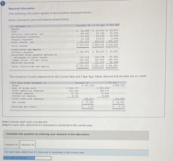 the questions displayed below) Simon Company's year-end balance sheets follow. Current 1