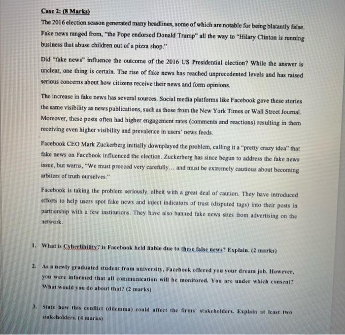 it's ethic answer asap please !!! Case 2: (8 Marks) The 2016