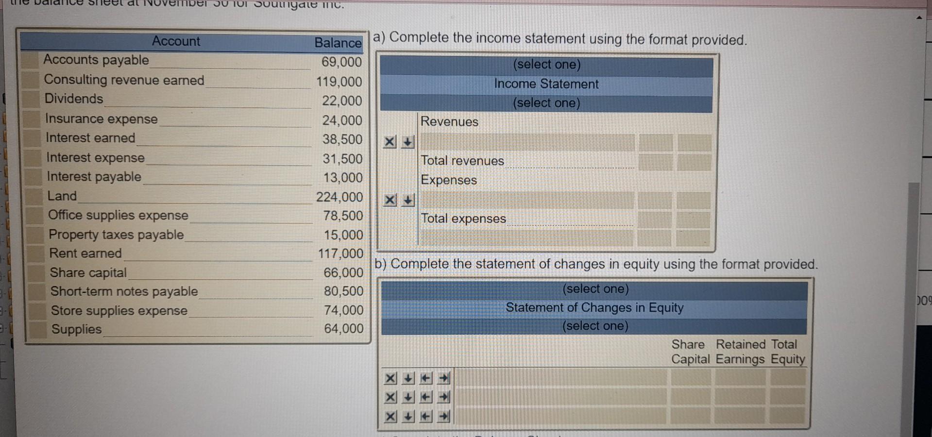  a) Complete the income statement using the format provided. b) Complete