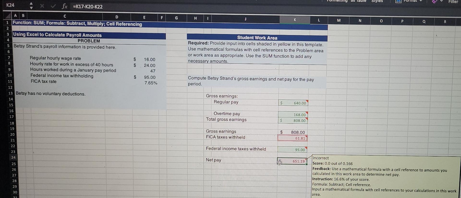 two items in red. Note that cell referencing and the correct mathematical