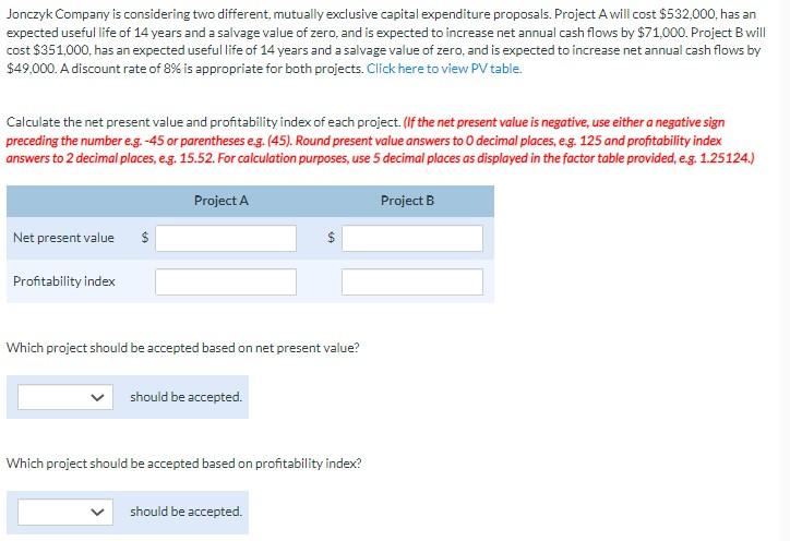 please solve asap Jonczyk Company is considering two different, mutually exclusive capital