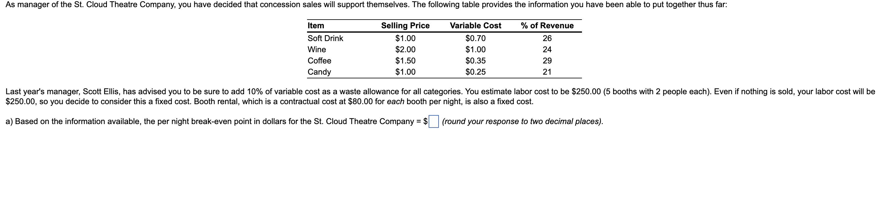 b) Based on the given information, the per night break-even point in