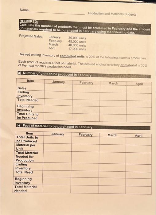 need help please Name Production and Materials Budgets April REQUIRED: Calculate the