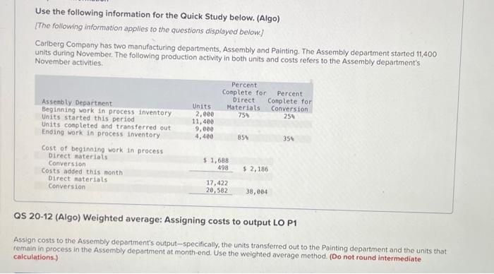 chapter 20 #5 Use the following information for the Quick Study below.