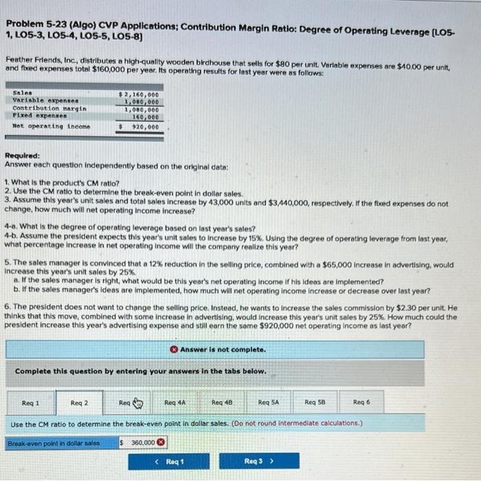 please do each required number thank you. Problem 5-23 (Algo) CVP Applications;