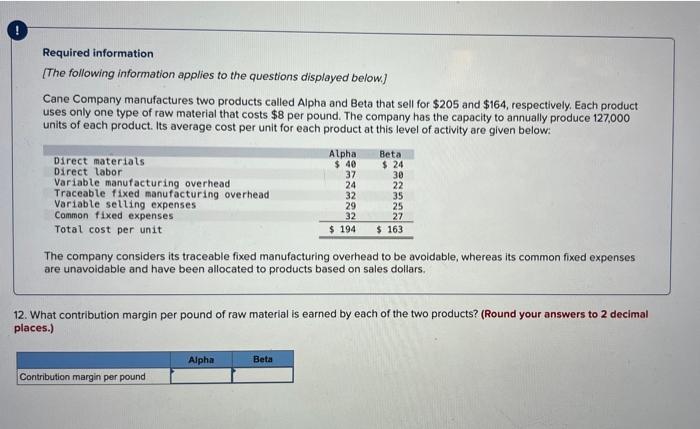 Company manufactures two products called Alpha and Beta that sell for $205