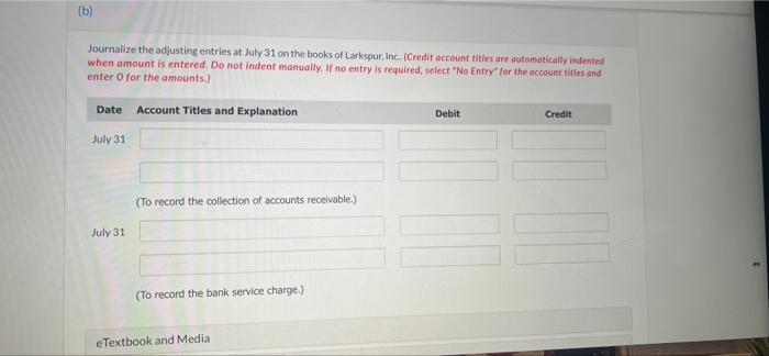 to Larkspur, Inc. 1. 2. 3. 4. Cash balance per bank, July