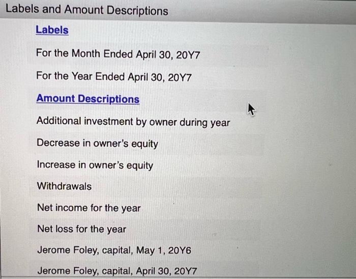 Need help with "Statement of Owners Equity" Labels and Amount Descriptions Labels